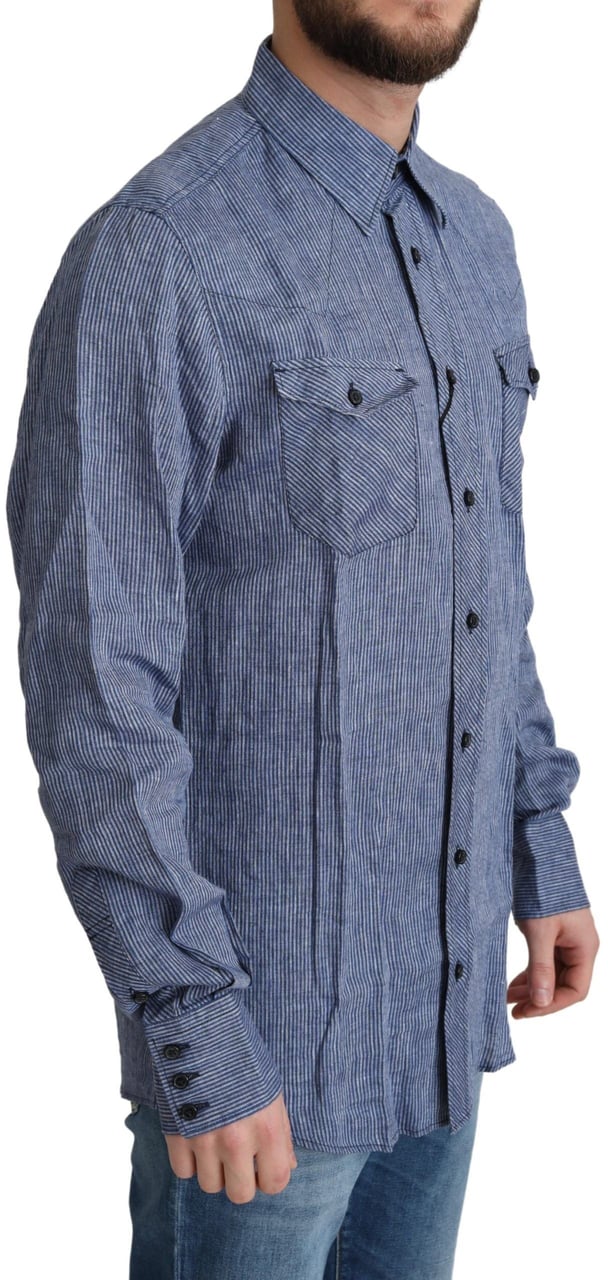 Dolce & Gabbana Blue Stripes Men Casual Button Down Shirt Blauw