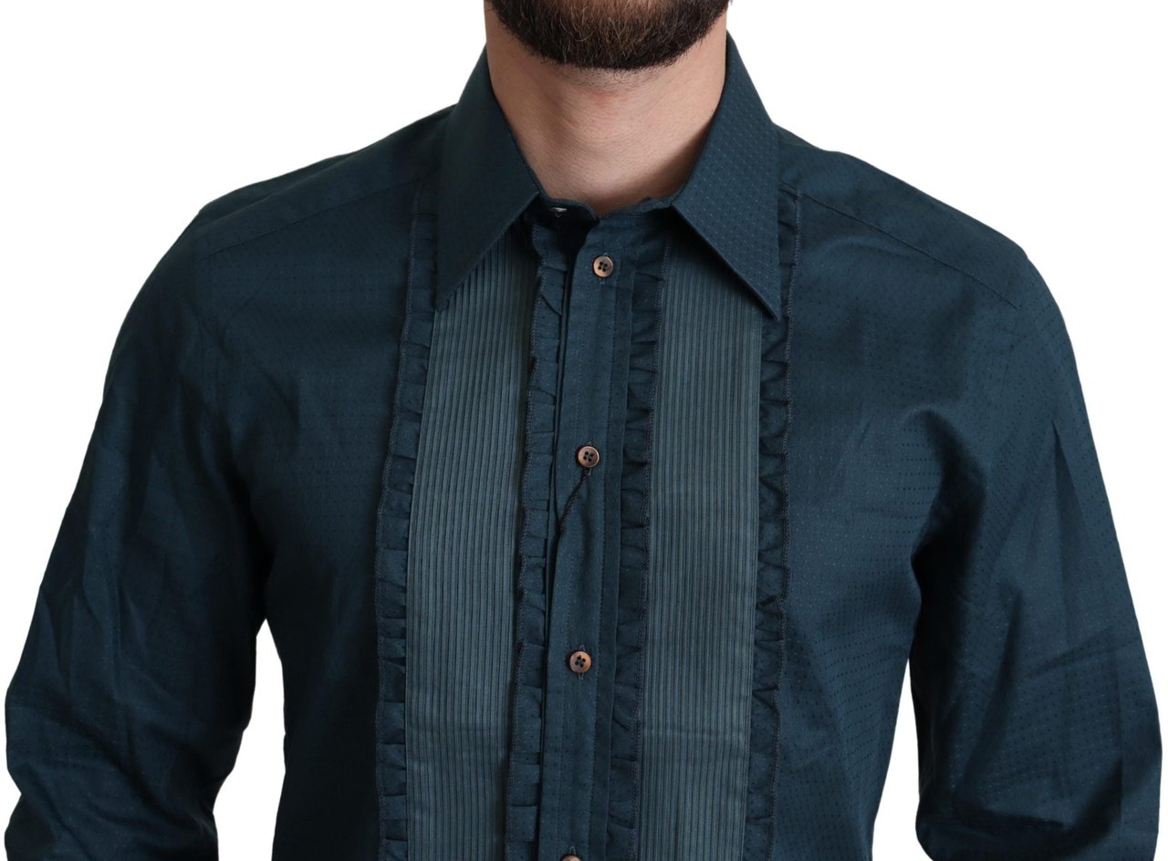 Dolce & Gabbana Blue Placket Cotton Dress Formal Shirt Blauw