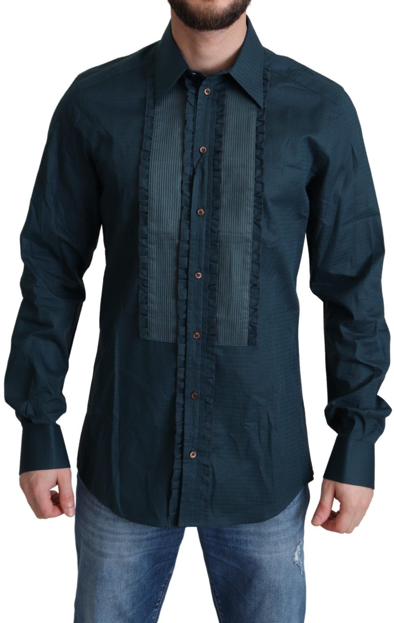 Dolce & Gabbana Blue Placket Cotton Dress Formal Shirt Blauw