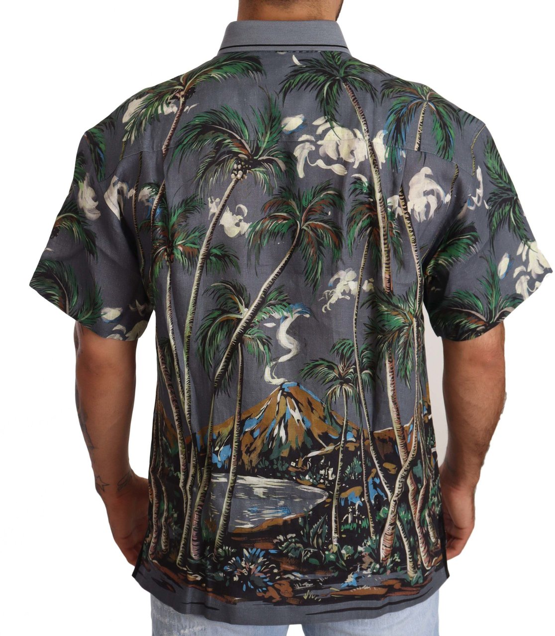 Dolce & Gabbana Gray Linen Tropical Print Collared Shirt Grijs
