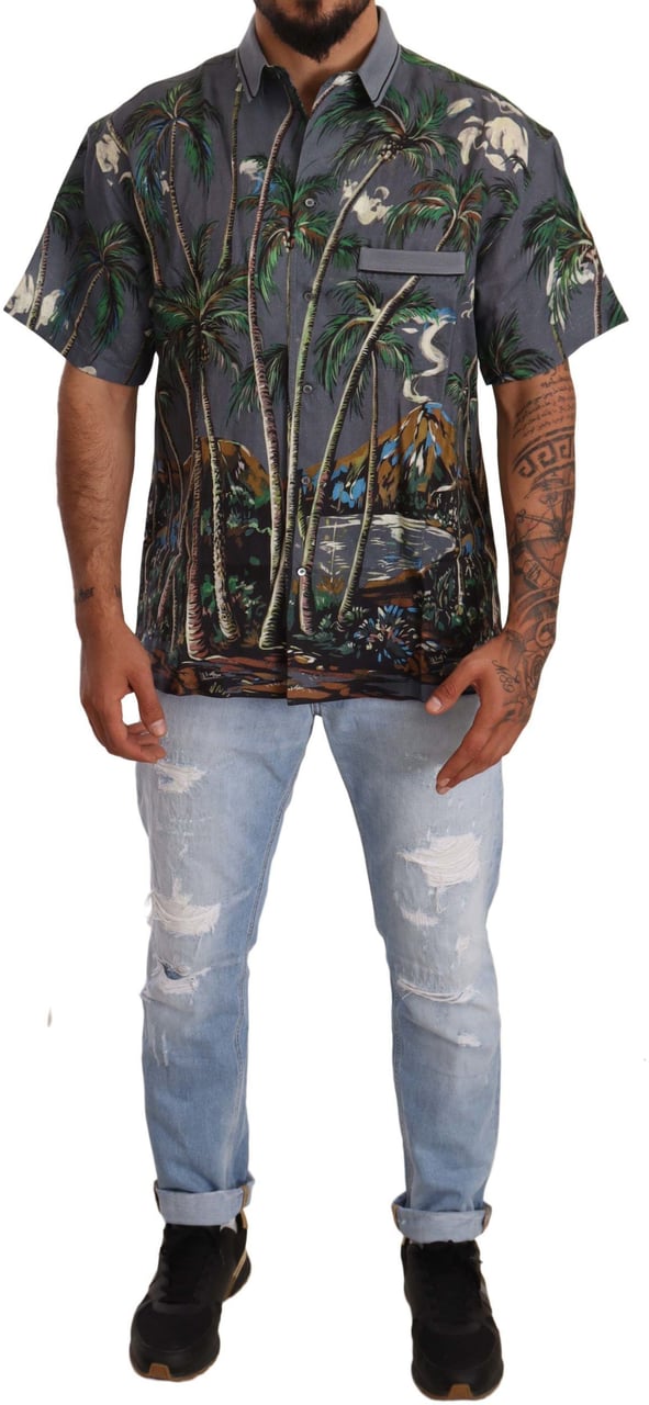 Dolce & Gabbana Gray Linen Tropical Print Collared Shirt Grijs