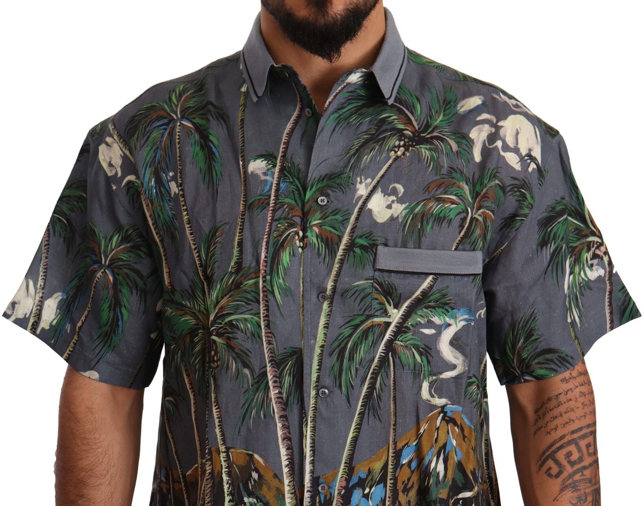 Dolce & Gabbana Gray Linen Tropical Print Collared Shirt Grijs
