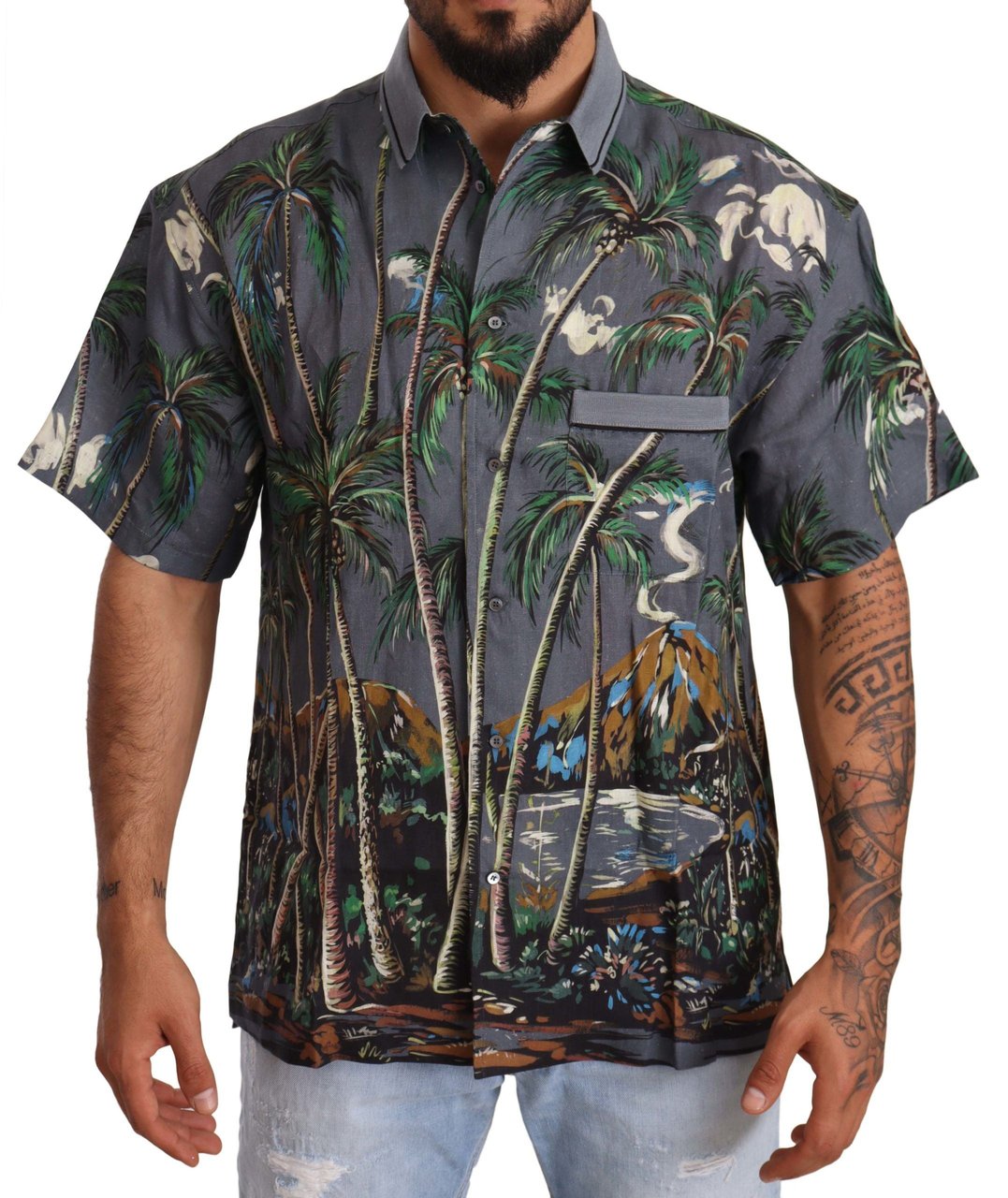 Dolce & Gabbana Gray Linen Tropical Print Collared Shirt Grijs