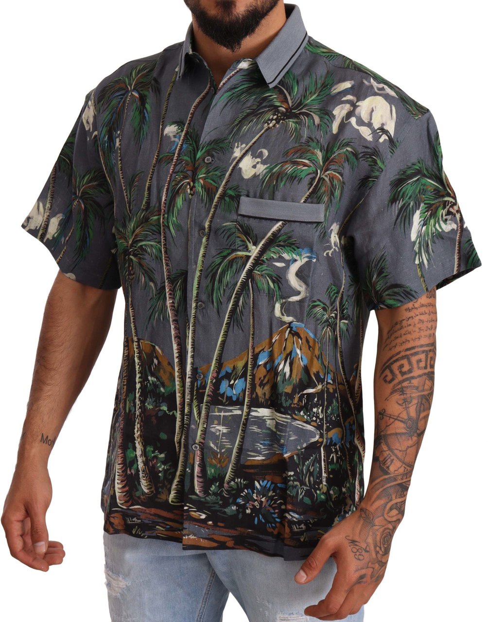 Dolce & Gabbana Gray Linen Tropical Print Collared Shirt Grijs