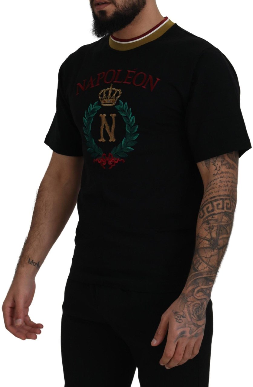 Dolce & Gabbana Black Cotton Embroidered Crewneck T-shirt Zwart