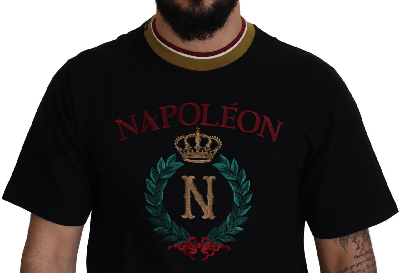 Dolce & Gabbana Black Cotton Embroidered Crewneck T-shirt Zwart