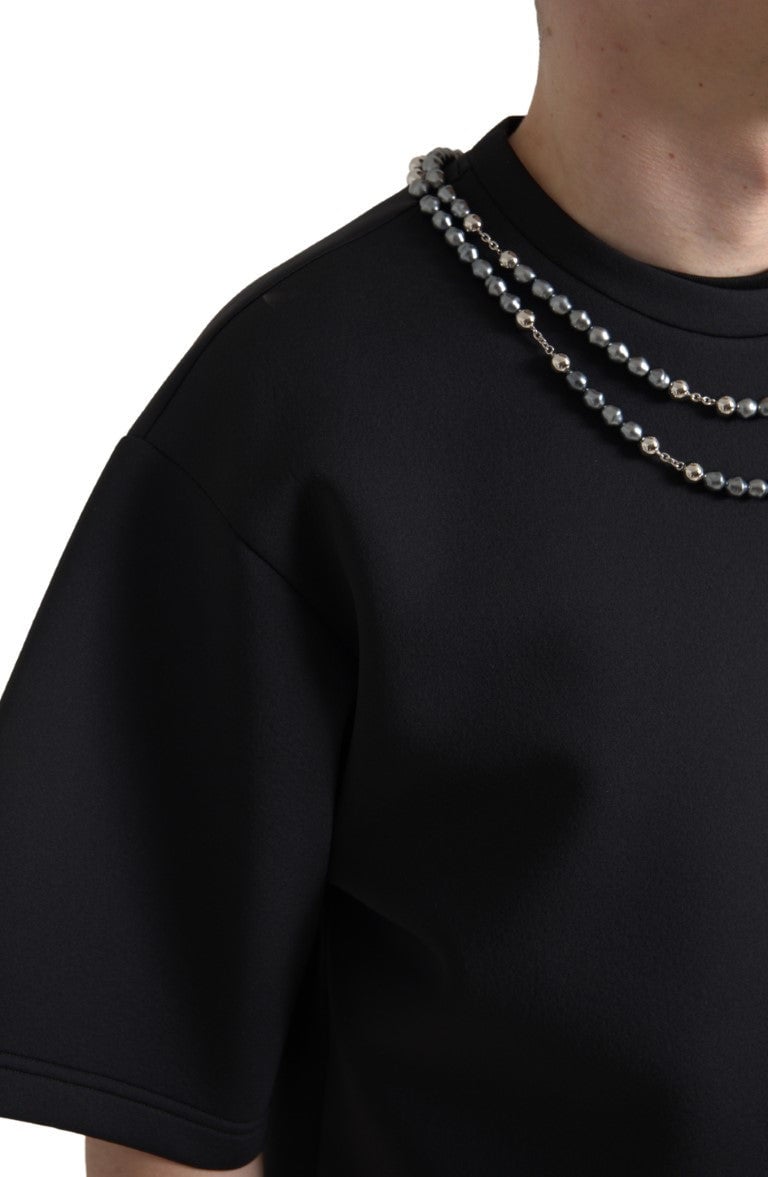 Dolce & Gabbana Black Necklace Embellished Polyester T-shirt Zwart