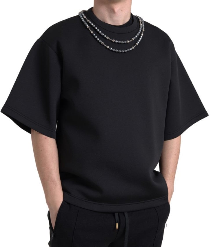 Dolce & Gabbana Black Necklace Embellished Polyester T-shirt Zwart