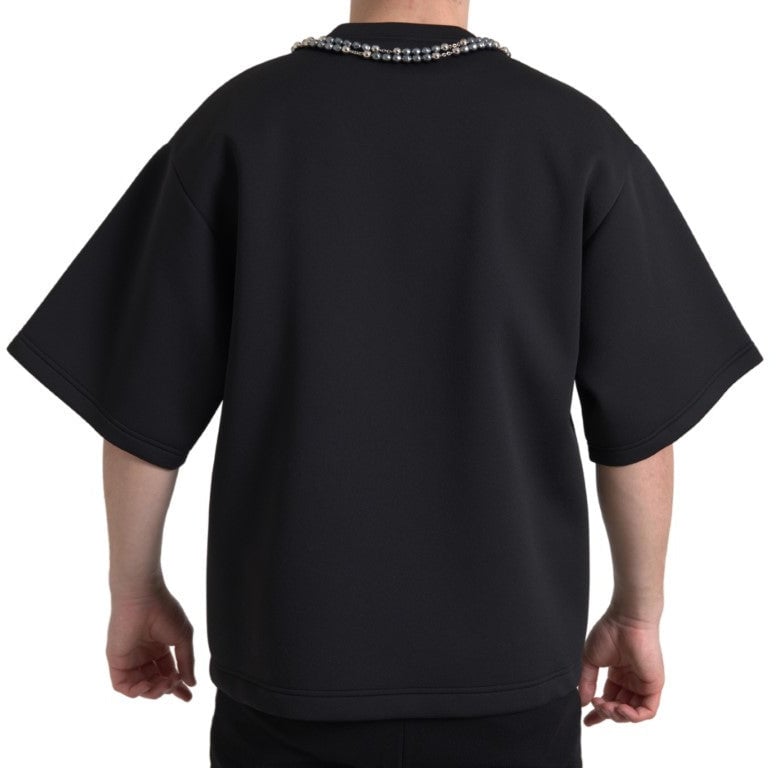 Dolce & Gabbana Black Necklace Embellished Polyester T-shirt Zwart
