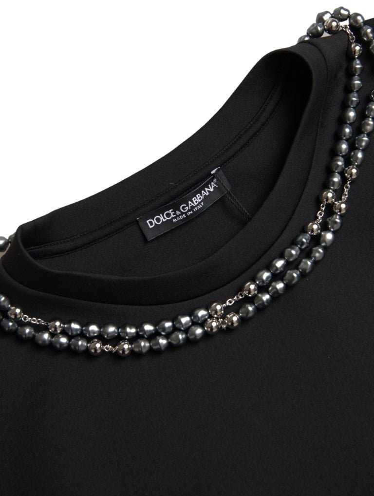 Dolce & Gabbana Black Necklace Embellished Polyester T-shirt Zwart