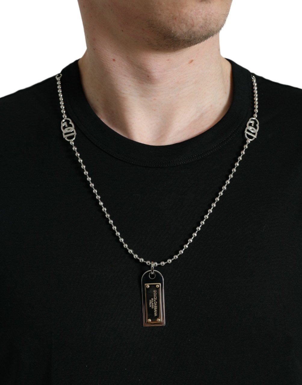 Dolce & Gabbana Black Cotton Dog Tag Round Neck T-shirt Zwart