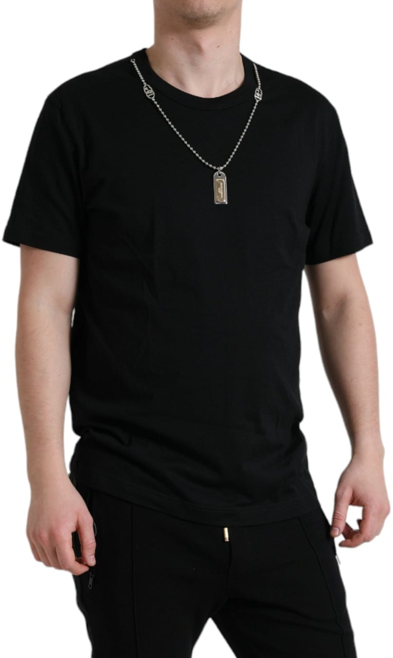 Dolce & Gabbana Black Cotton Dog Tag Round Neck T-shirt Zwart