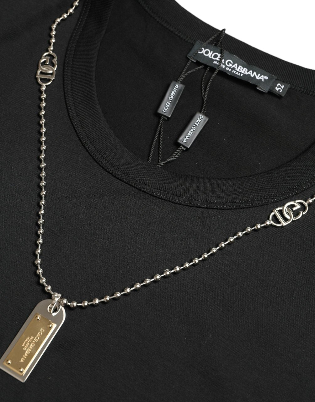 Dolce & Gabbana Black Cotton Dog Tag Round Neck T-shirt Zwart