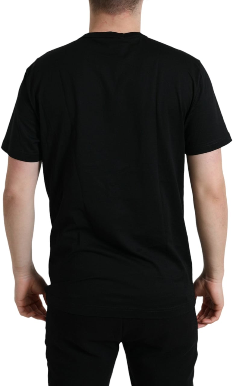 Dolce & Gabbana Black Cotton Dog Tag Round Neck T-shirt Zwart