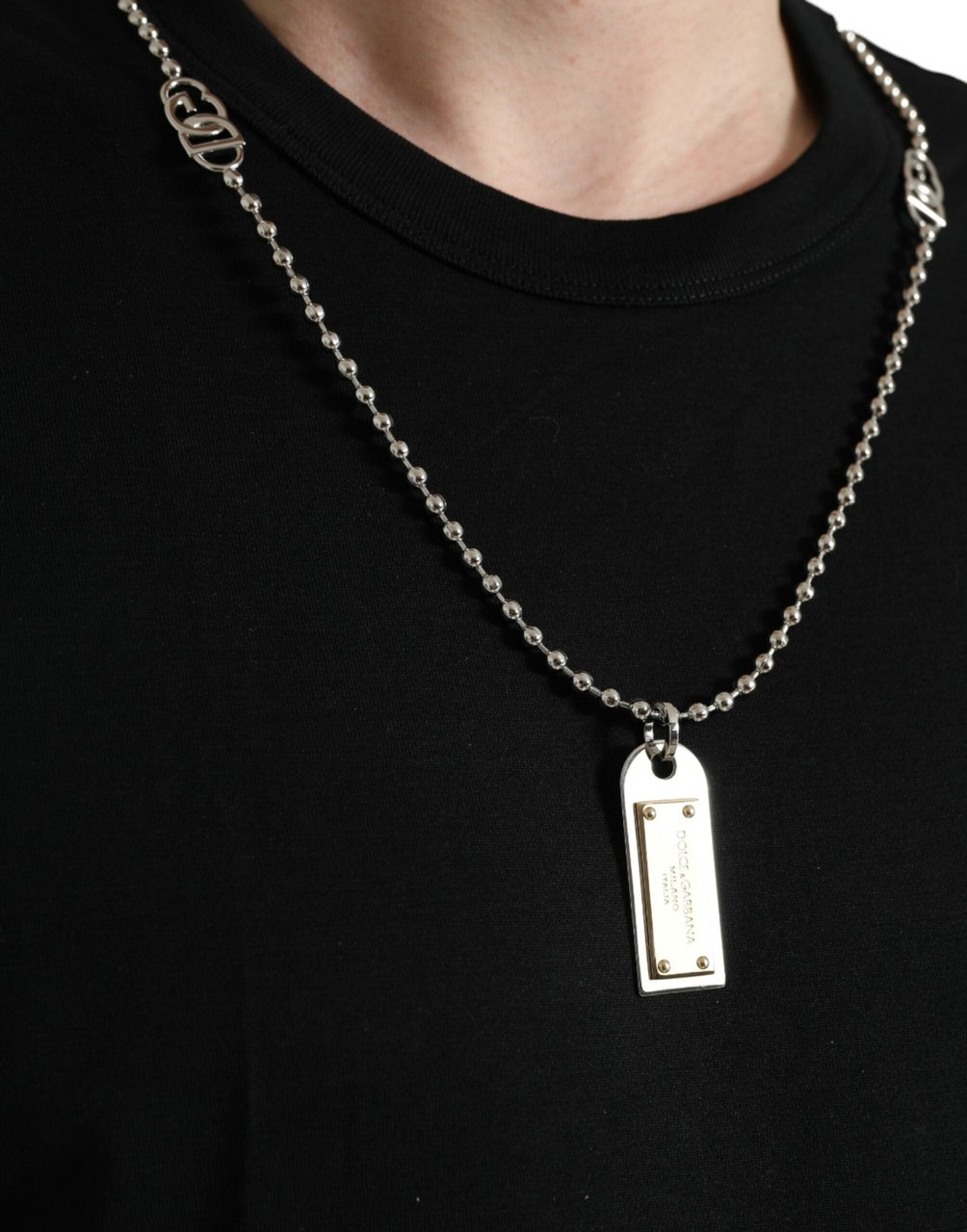 Dolce & Gabbana Black Cotton Dog Tag Round Neck T-shirt Zwart