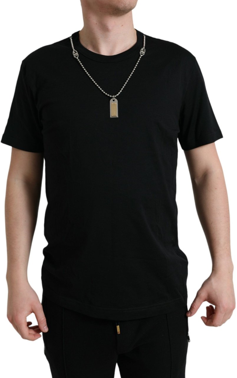 Dolce & Gabbana Black Cotton Dog Tag Round Neck T-shirt Zwart