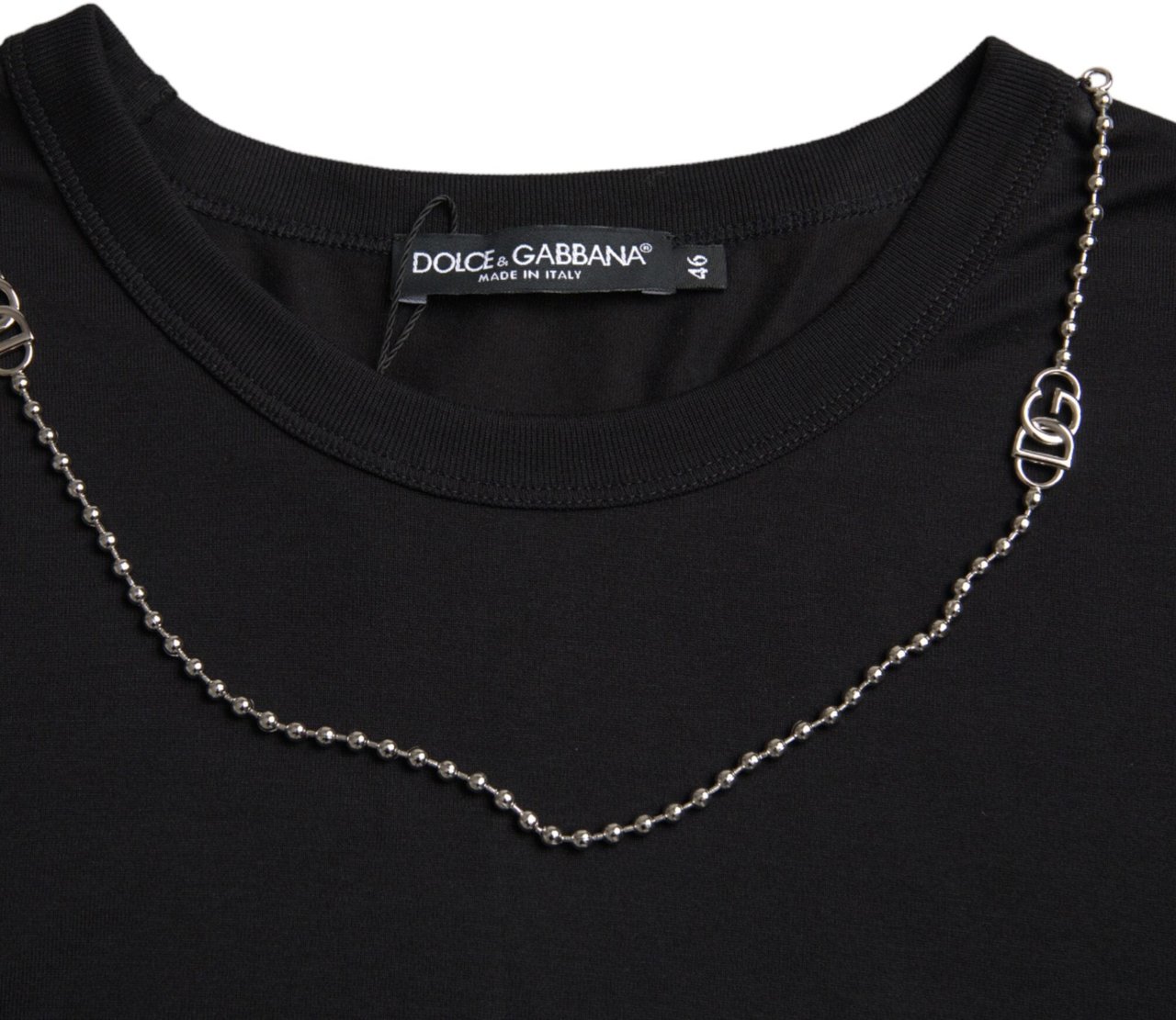 Dolce & Gabbana Black Cotton Silver Chain Short Sleeve T-shirt Zwart