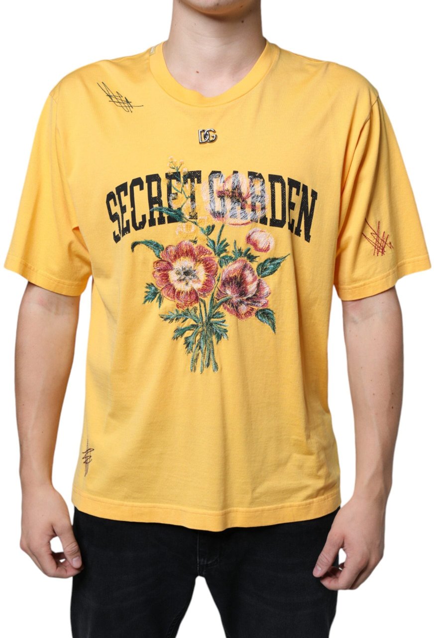 Dolce & Gabbana Yellow Secret Graden Floral Cotton Crew Neck T-shirt Geel