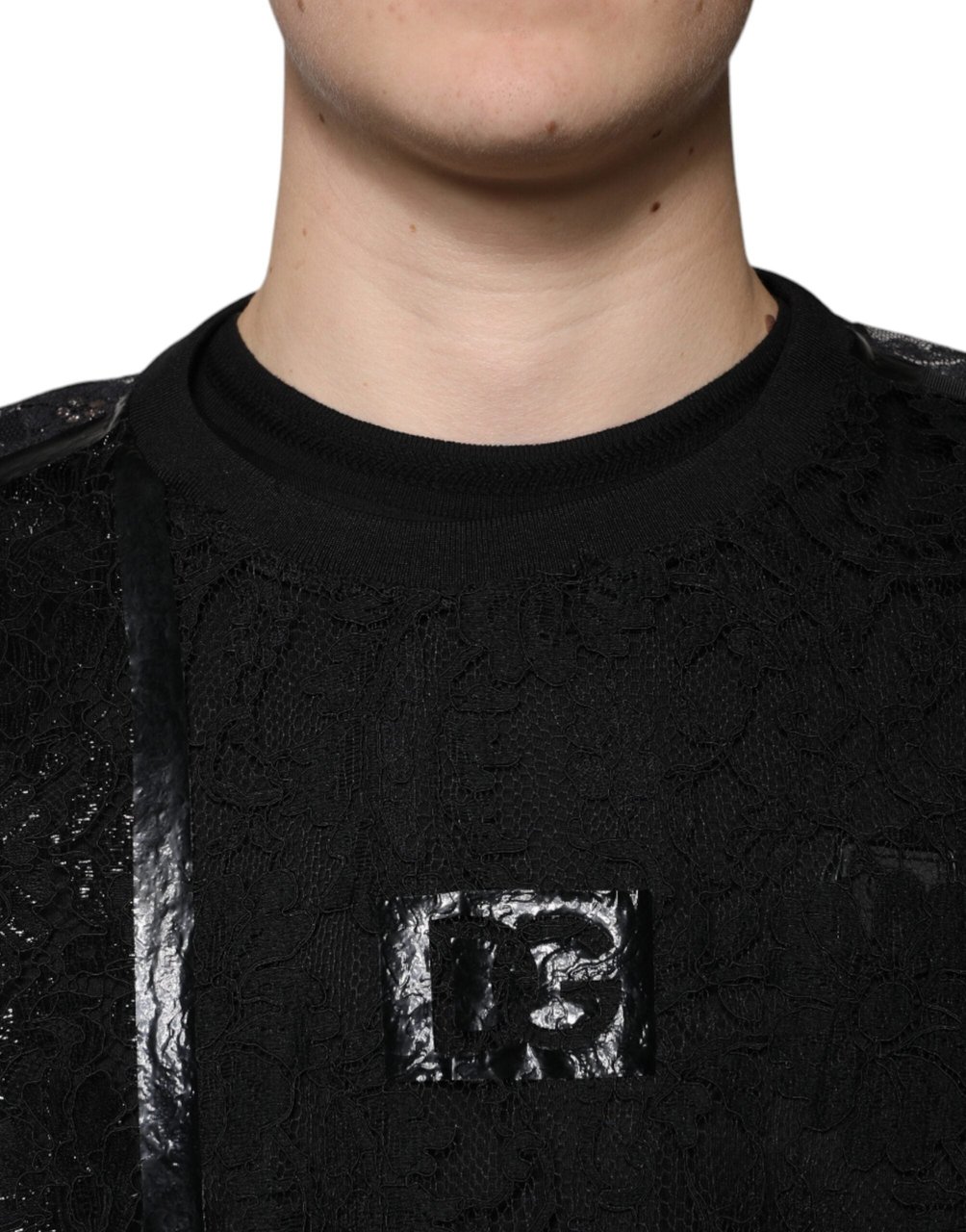 Dolce & Gabbana Black Nylon Floral Lace Crew Neck T-shirt Zwart