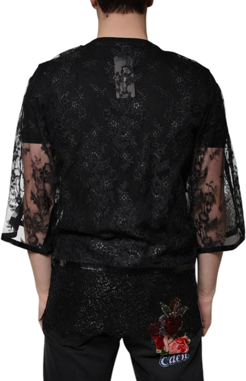 Dolce & Gabbana Black Nylon Floral Lace Crew Neck T-shirt Zwart