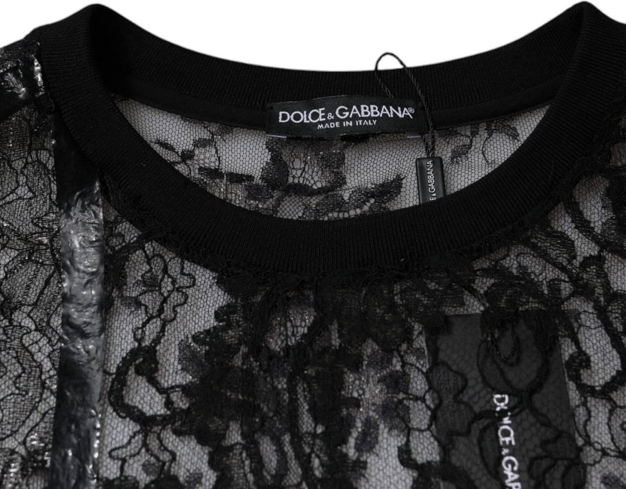 Dolce & Gabbana Black Nylon Floral Lace Crew Neck T-shirt Zwart