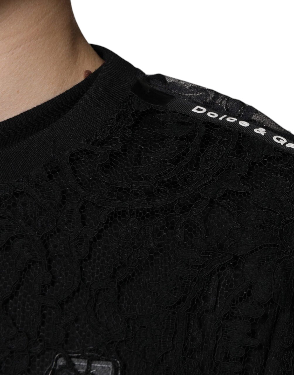 Dolce & Gabbana Black Nylon Floral Lace Crew Neck T-shirt Zwart