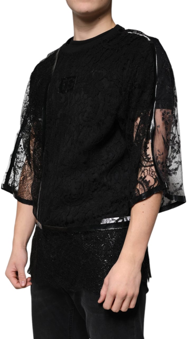 Dolce & Gabbana Black Nylon Floral Lace Crew Neck T-shirt Zwart