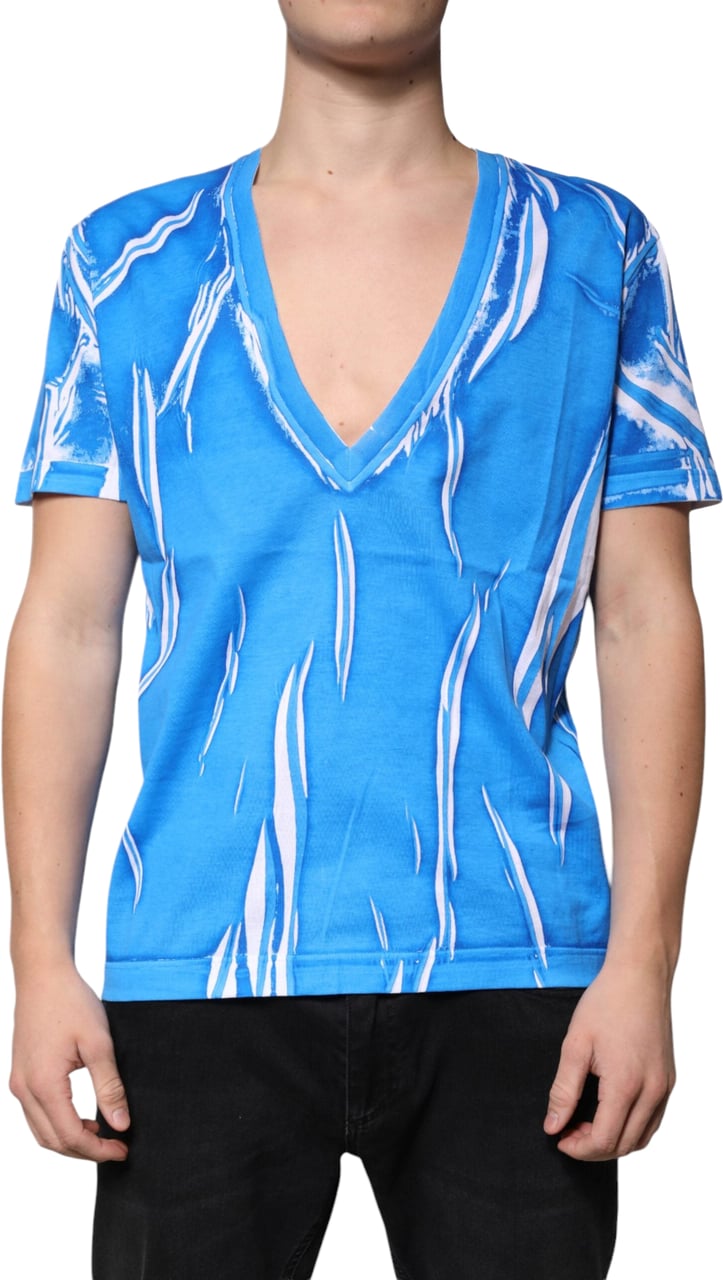 Dolce & Gabbana Blue Cotton V-neck Short Sleeves T-shirt Blauw