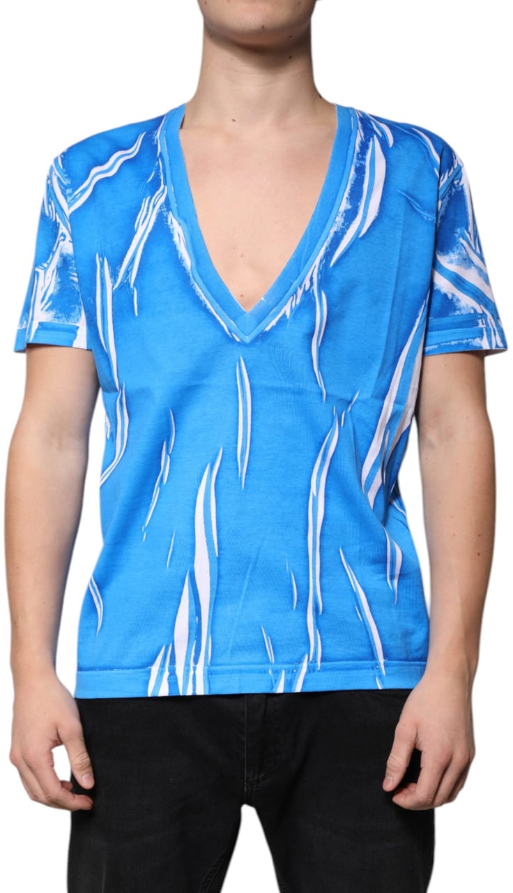 Dolce & Gabbana Blue Cotton V-neck Short Sleeves T-shirt Blauw