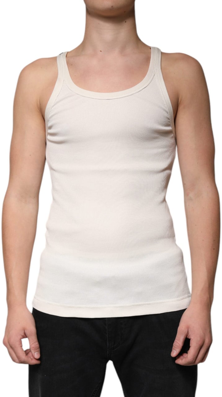 Dolce & Gabbana Off White Cotton Sleeveless Round Neck Tank T-shirt Wit