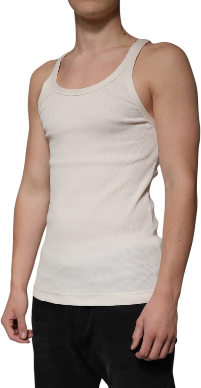 Dolce & Gabbana Off White Cotton Sleeveless Round Neck Tank T-shirt Wit