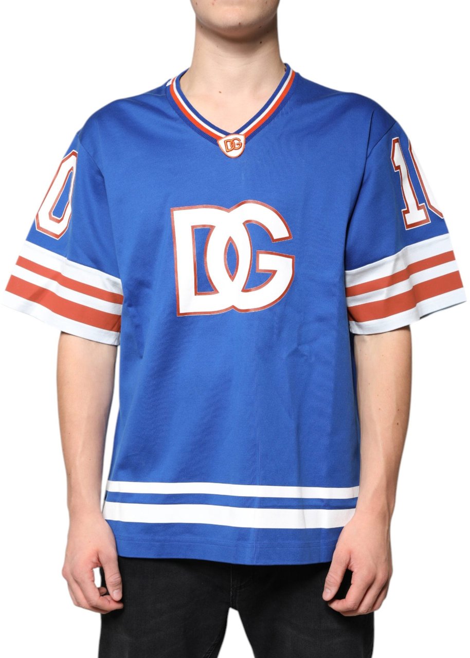 Dolce & Gabbana Blue Logo V-neck Short Sleeve T-shirt Blauw