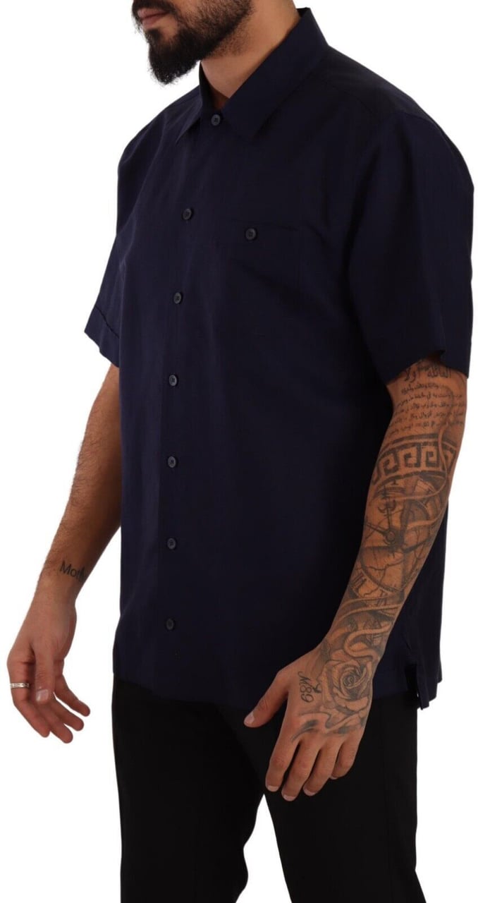 Dolce & Gabbana Navy Blue Button Down Short Sleeves Shirt Blauw