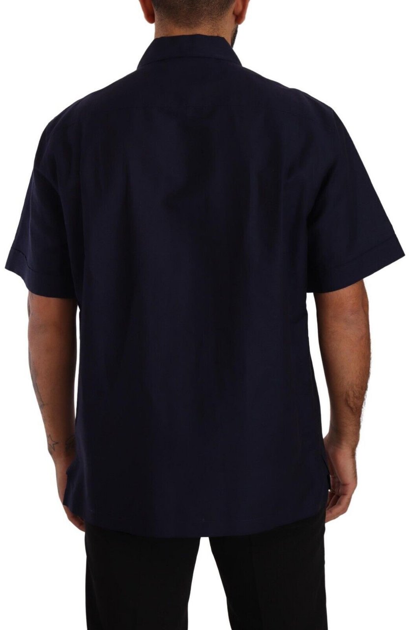 Dolce & Gabbana Navy Blue Button Down Short Sleeves Shirt Blauw