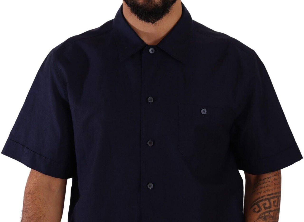 Dolce & Gabbana Navy Blue Button Down Short Sleeves Shirt Blauw