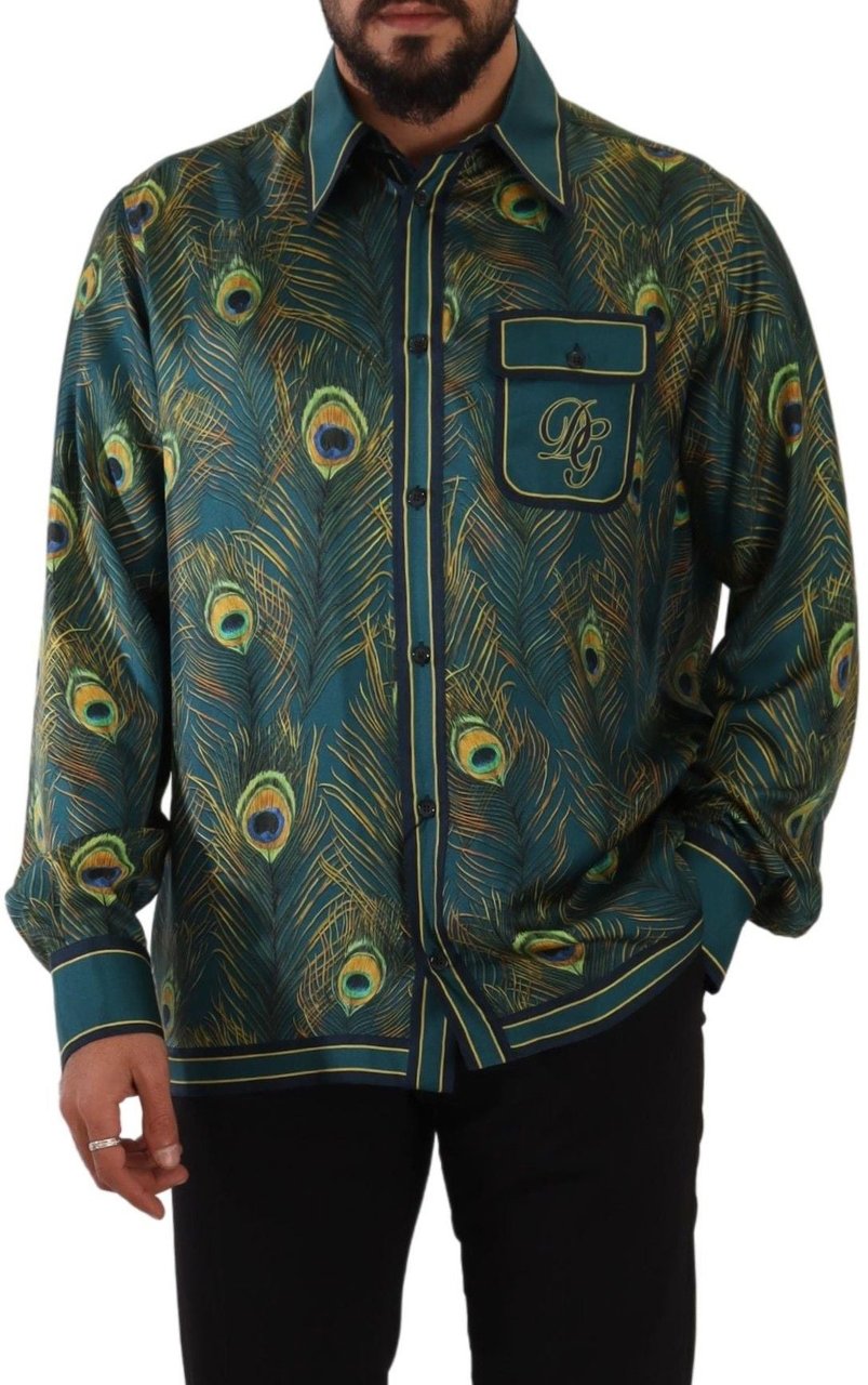 Dolce & Gabbana Peacock Feather Print Silk Pajama Mens Shirt Divers
