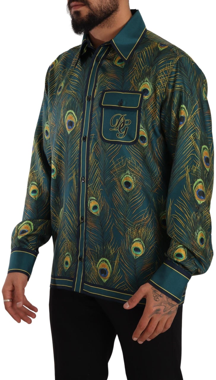 Dolce & Gabbana Peacock Feather Print Silk Pajama Mens Shirt Divers