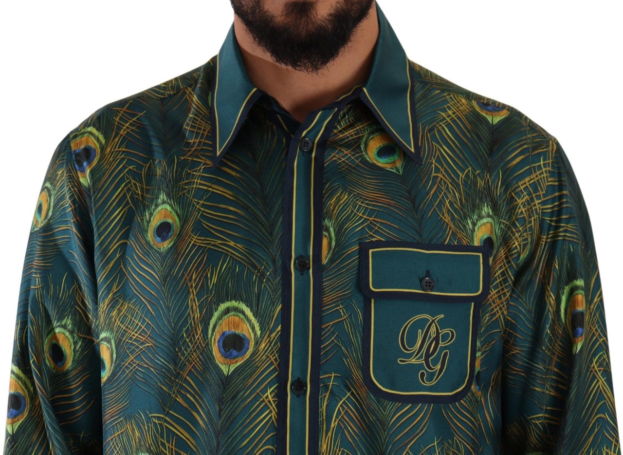 Dolce & Gabbana Peacock Feather Print Silk Pajama Mens Shirt Divers