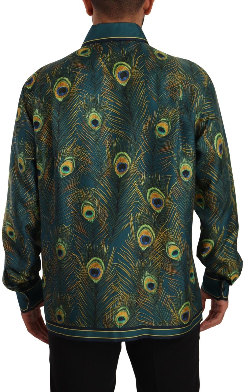 Dolce & Gabbana Peacock Feather Print Silk Pajama Mens Shirt Divers