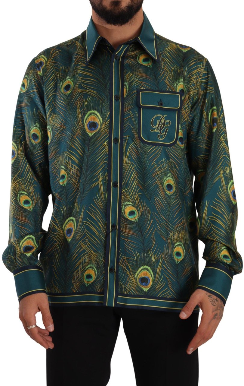 Dolce & Gabbana Peacock Feather Print Silk Pajama Mens Shirt Divers