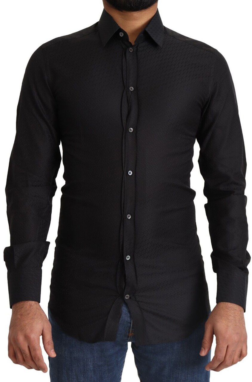 Dolce & Gabbana Black GOLD Cotton Slim Dress Formal Shirt Zwart