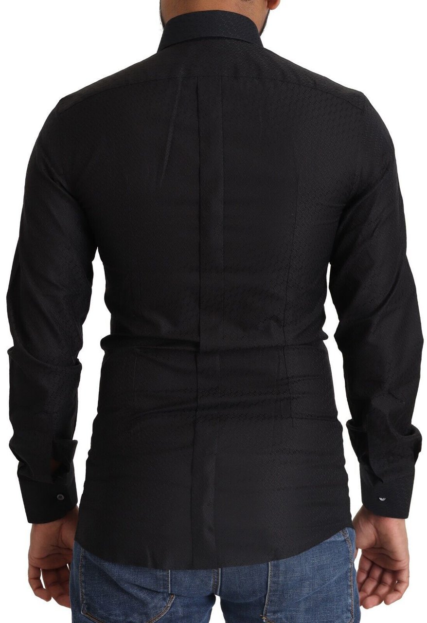 Dolce & Gabbana Black GOLD Cotton Slim Dress Formal Shirt Zwart