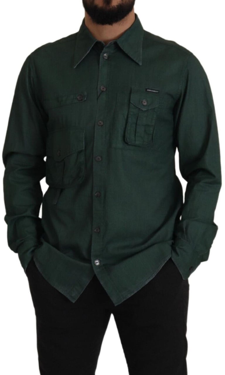 Dolce & Gabbana Dark Green Button Down Long Sleeves Shirt Groen