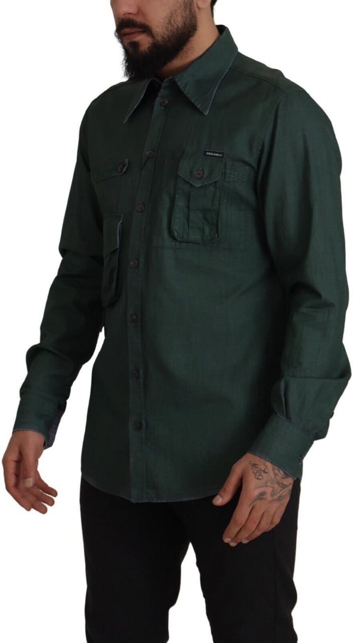 Dolce & Gabbana Dark Green Button Down Long Sleeves Shirt Groen
