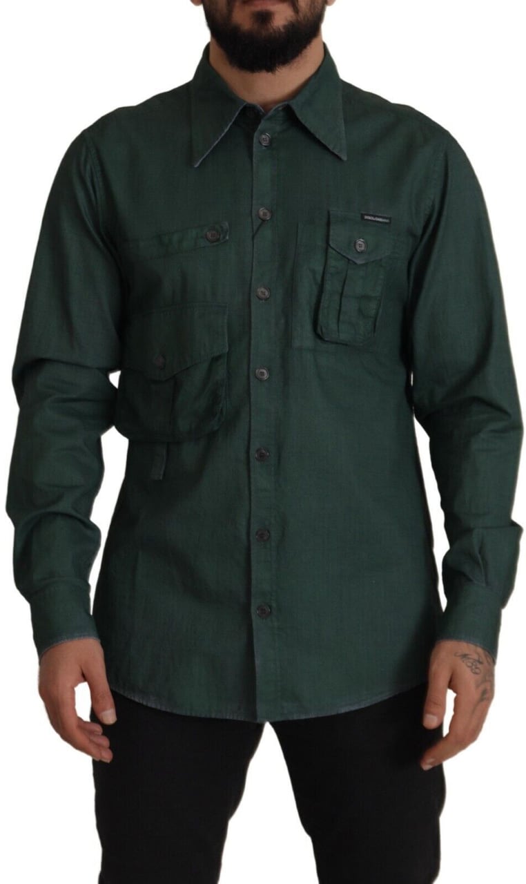 Dolce & Gabbana Dark Green Button Down Long Sleeves Shirt Groen