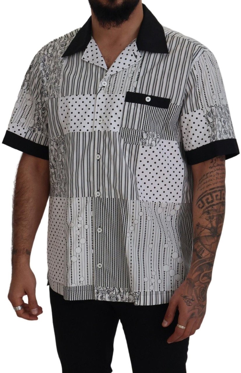 Dolce & Gabbana White Black Patterned Button Down Shirt Zwart