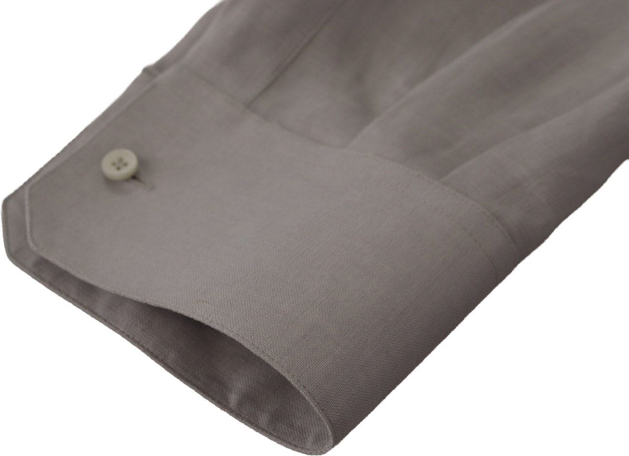 Dolce & Gabbana Gray Linen Long Sleeves Formal GOLD Shirt Grijs
