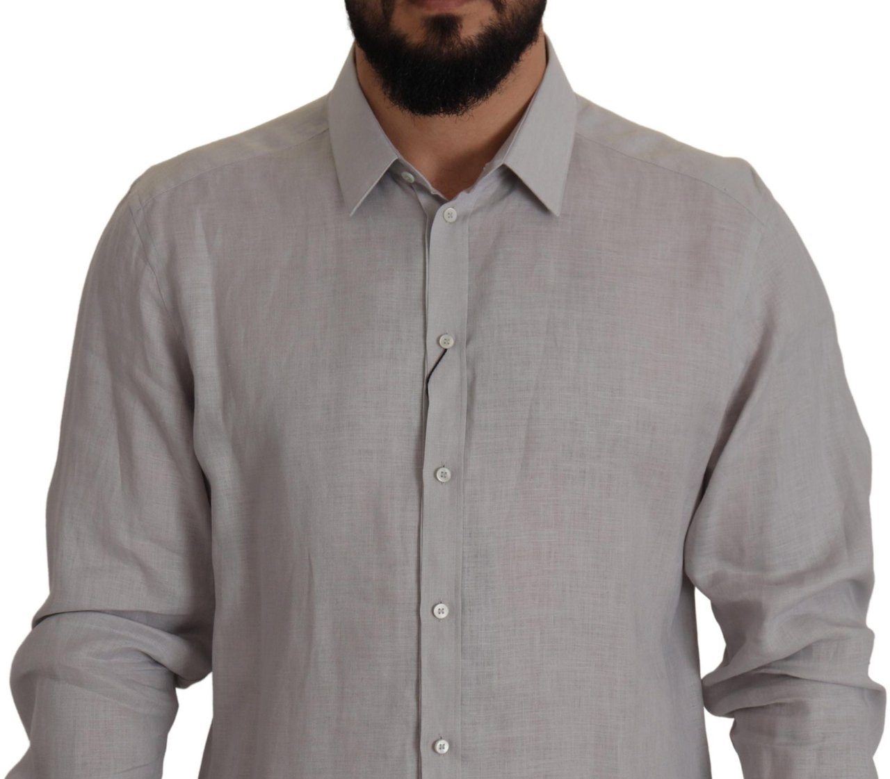Dolce & Gabbana Gray Linen Long Sleeves Formal GOLD Shirt Grijs