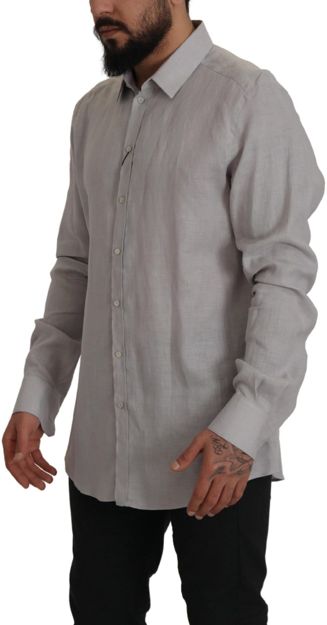 Dolce & Gabbana Gray Linen Long Sleeves Formal GOLD Shirt Grijs