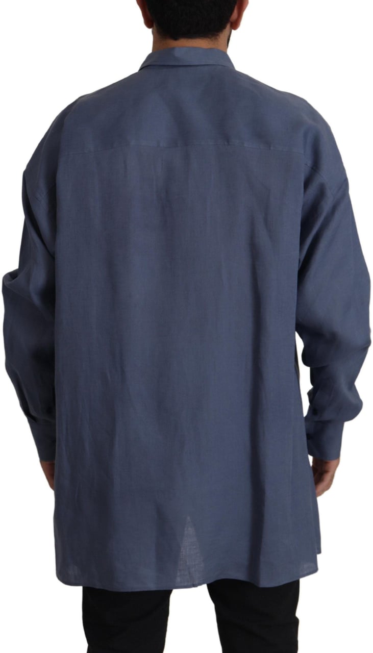 Dolce & Gabbana Dark Blue Linen Slim Fit Dress Formal Men Shirt Blauw